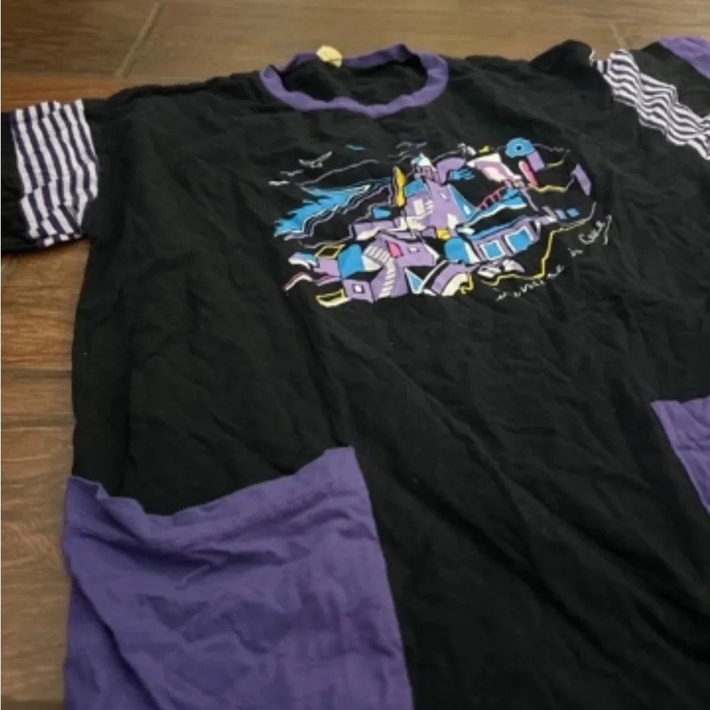 Black Tee Dress with Purple Accents & Colorful Embroidered Village